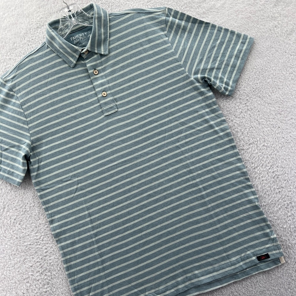 Faherty Isle Polo Shirt Men Small Blue Grey Striped Short Sleeve‎ Cotton Casual - Picture 4 of 14